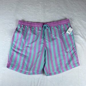 Mad Engine Swim Shorts Men XL Green Pink Stripe Mesh Lined Comfort Elastic Waist